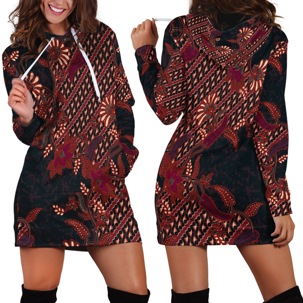 Indonesian Parang Batik Hoodie Dress Red Floral Pattern