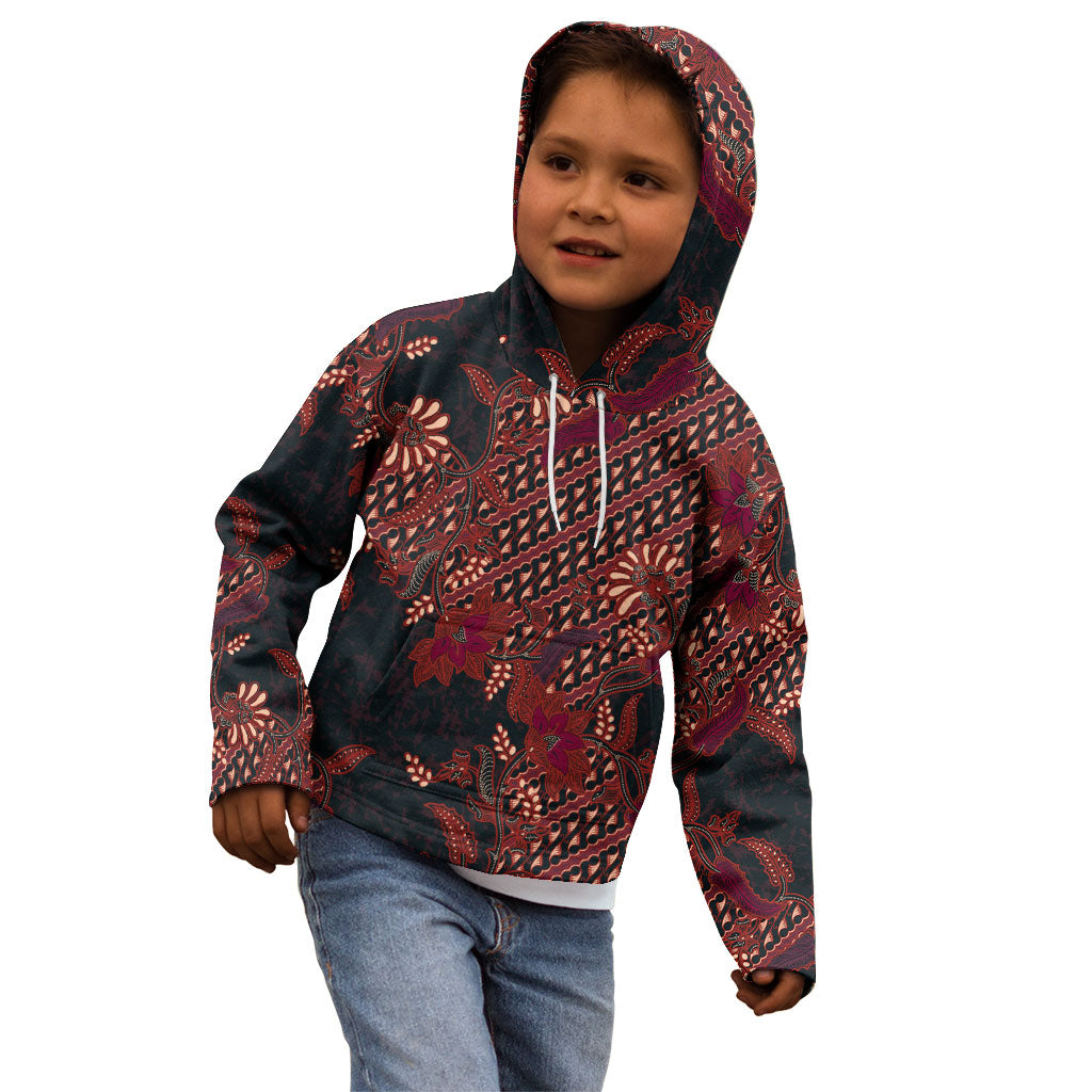 Indonesian Parang Batik Kid Hoodie Red Floral Pattern