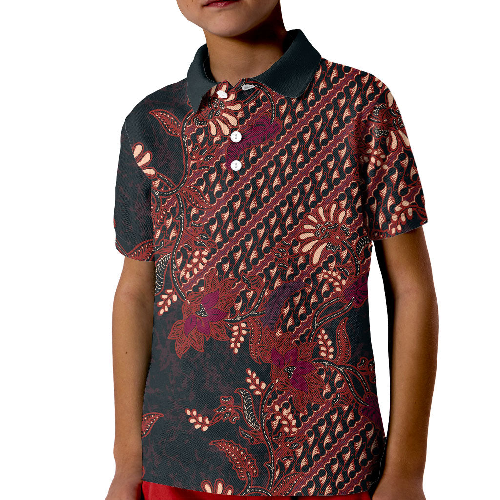 Indonesian Parang Batik Kid Polo Shirt Red Floral Pattern