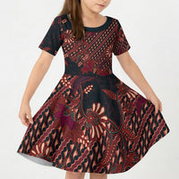 Indonesian Parang Batik Kid Short Sleeve Dress Red Floral Pattern