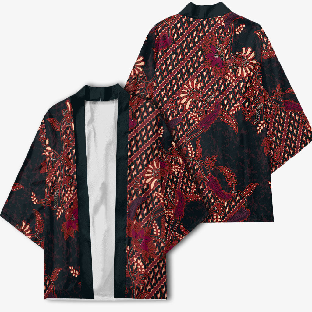 Indonesian Parang Batik Kimono Red Floral Pattern