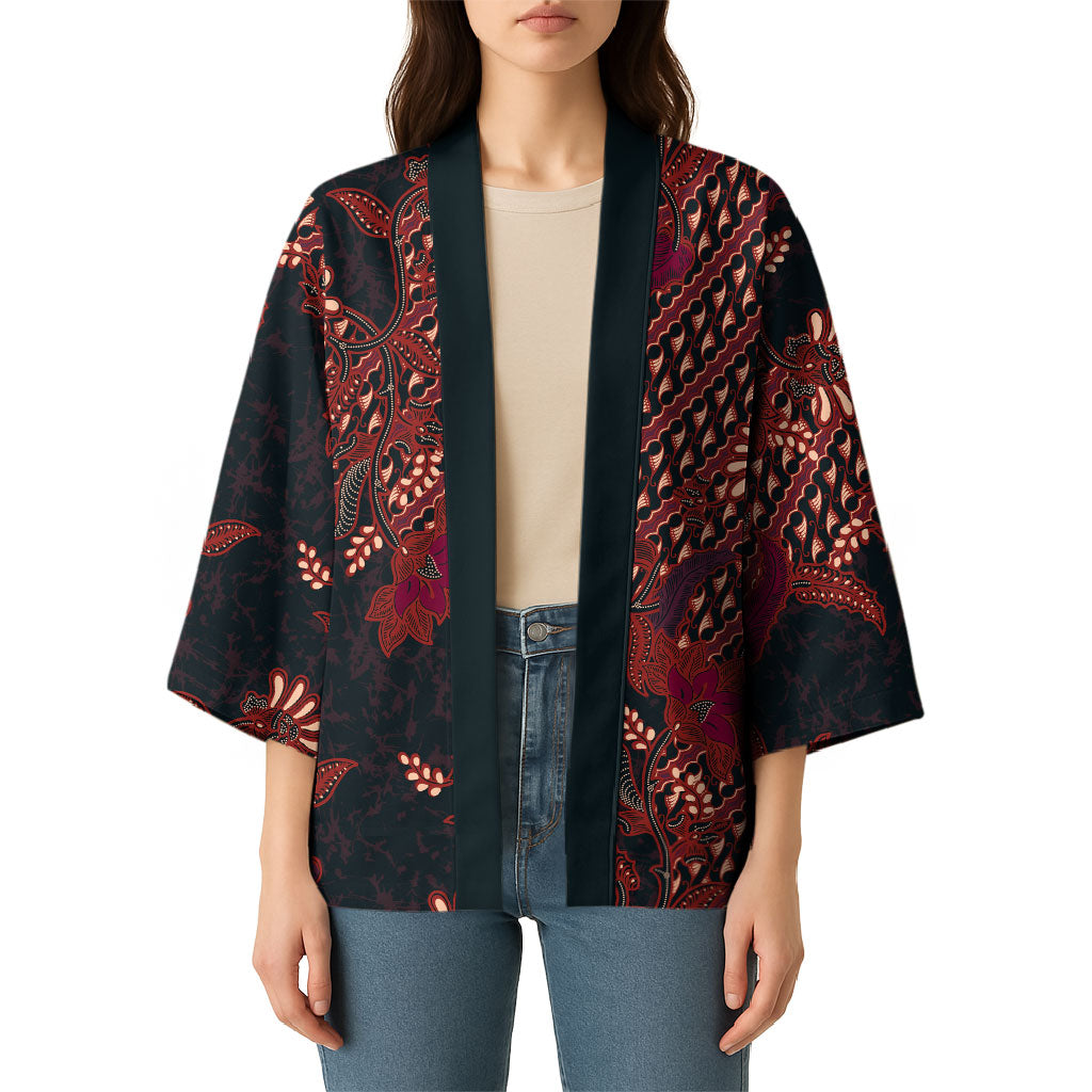 Indonesian Parang Batik Kimono Red Floral Pattern