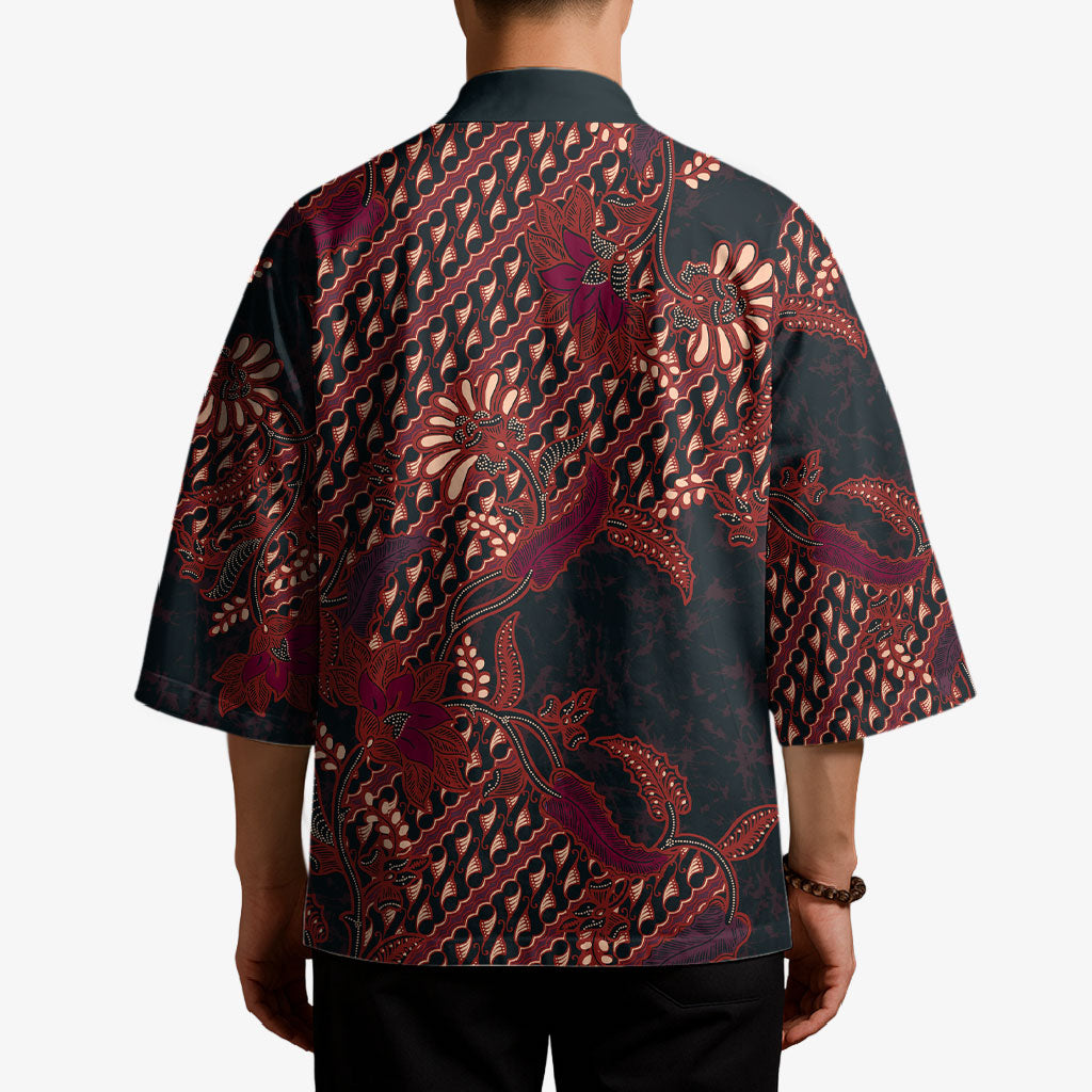 Indonesian Parang Batik Kimono Red Floral Pattern