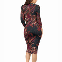 Indonesian Parang Batik Long Sleeve Bodycon Dress Red Floral Pattern