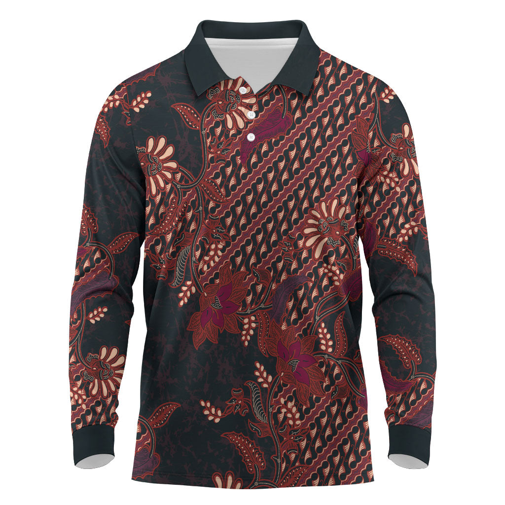 Indonesian Parang Batik Long Sleeve Polo Shirt Red Floral Pattern