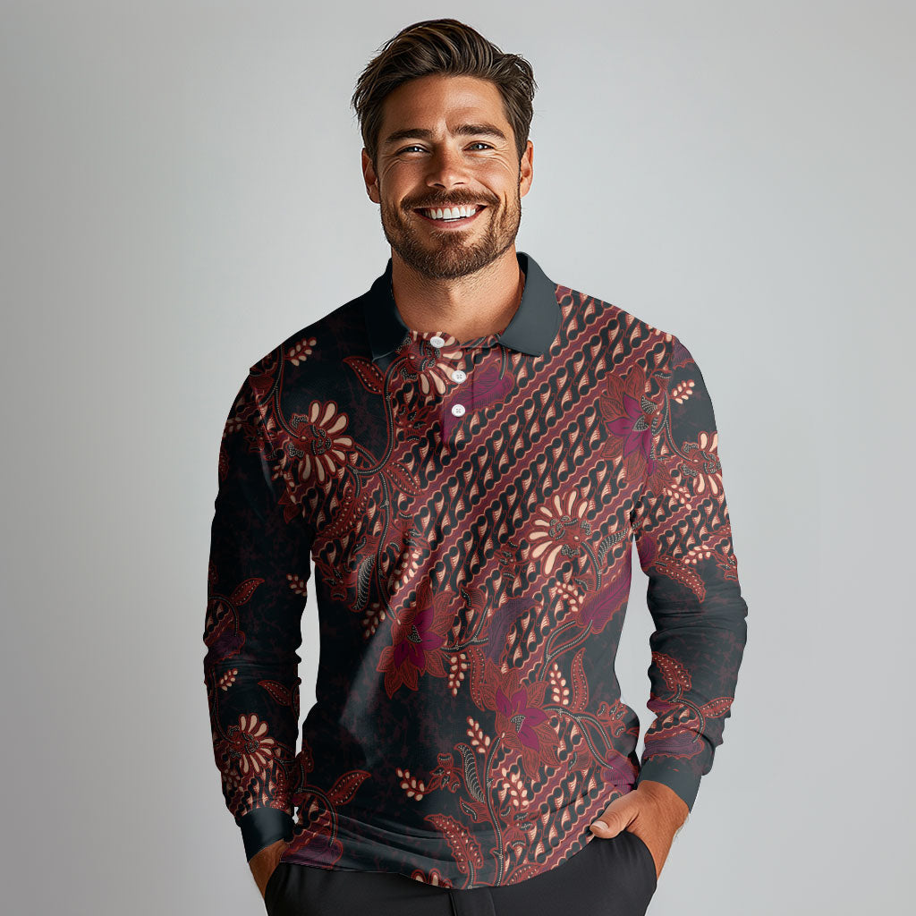 Indonesian Parang Batik Long Sleeve Polo Shirt Red Floral Pattern
