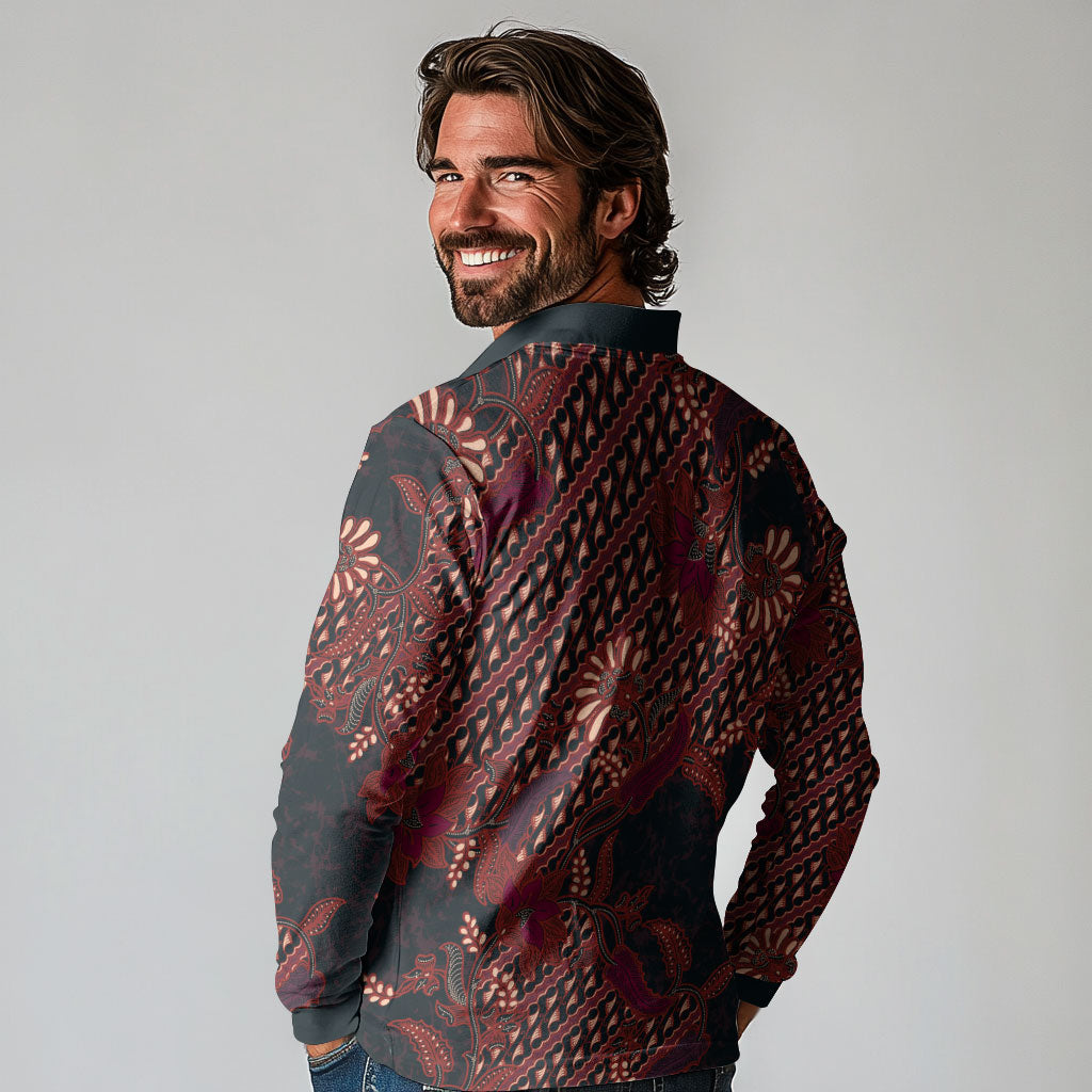 Indonesian Parang Batik Long Sleeve Polo Shirt Red Floral Pattern