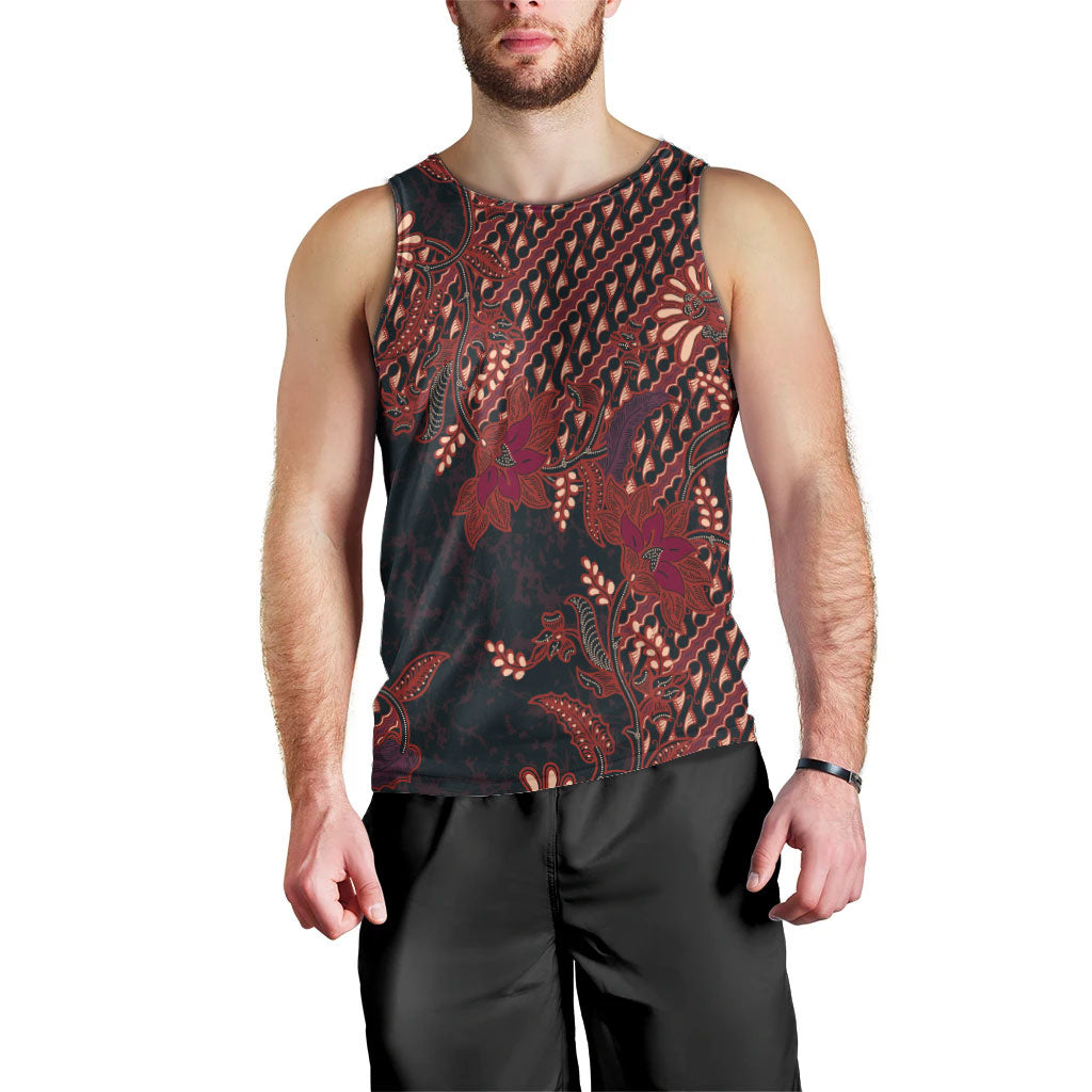Indonesian Parang Batik Men Tank Top Red Floral Pattern