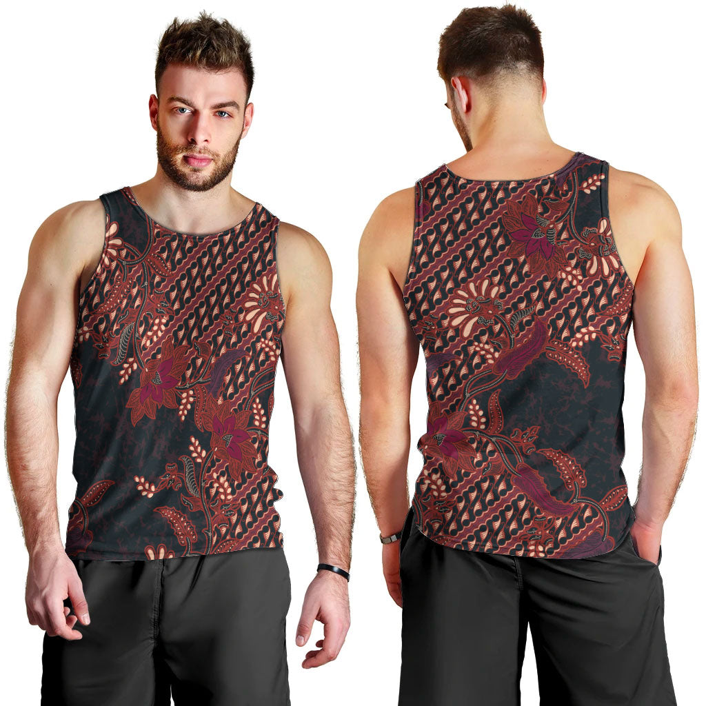 Indonesian Parang Batik Men Tank Top Red Floral Pattern