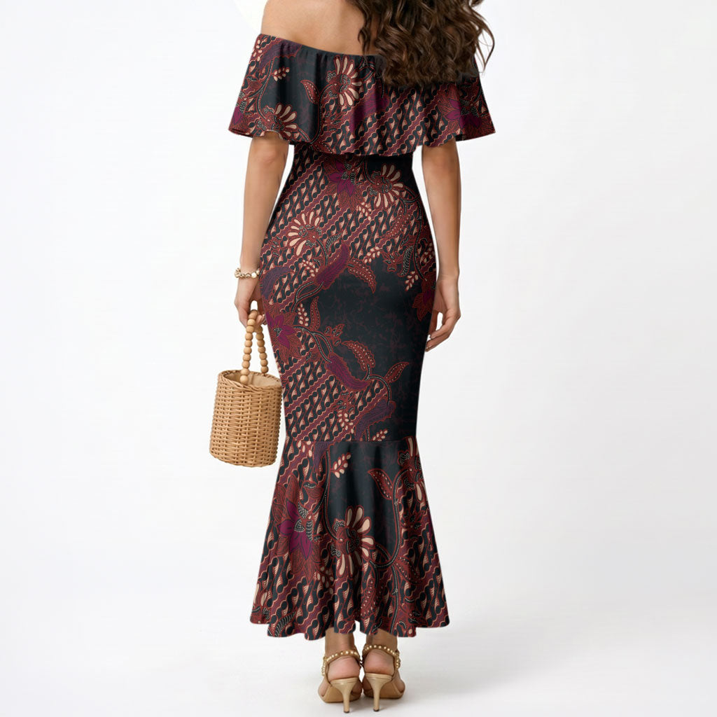 Indonesian Parang Batik Mermaid Dress Red Floral Pattern