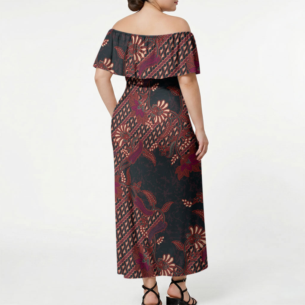 Indonesian Parang Batik Off Shoulder Maxi Dress Red Floral Pattern