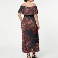 Indonesian Parang Batik Off Shoulder Maxi Dress Red Floral Pattern
