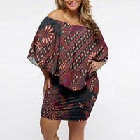 Indonesian Parang Batik Off Shoulder Short Dress Red Floral Pattern