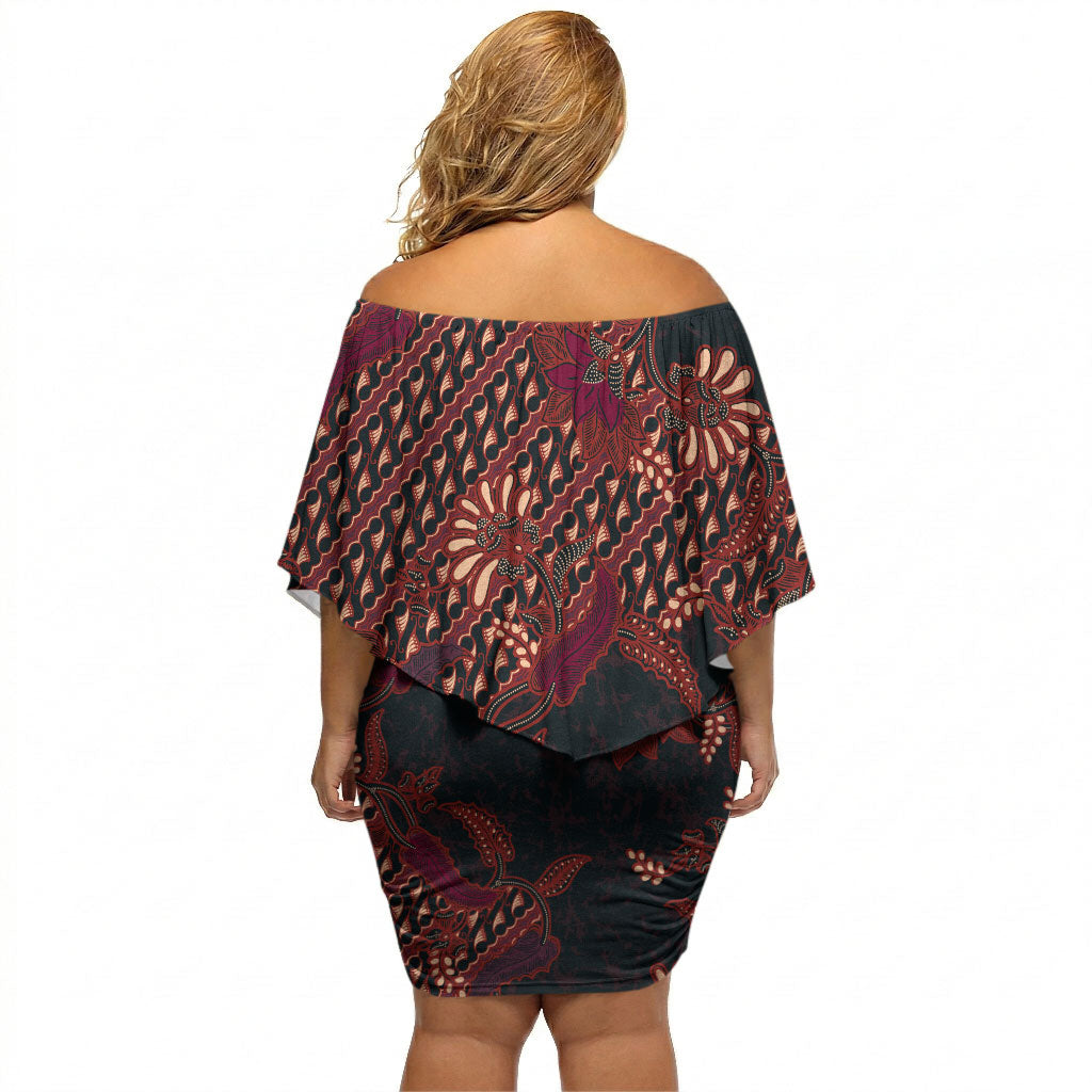 Indonesian Parang Batik Off Shoulder Short Dress Red Floral Pattern