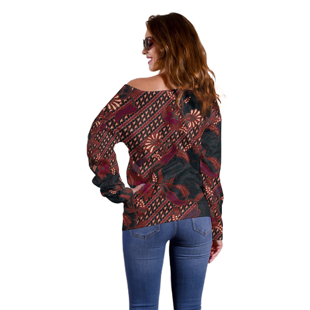 Indonesian Parang Batik Off Shoulder Sweater Red Floral Pattern