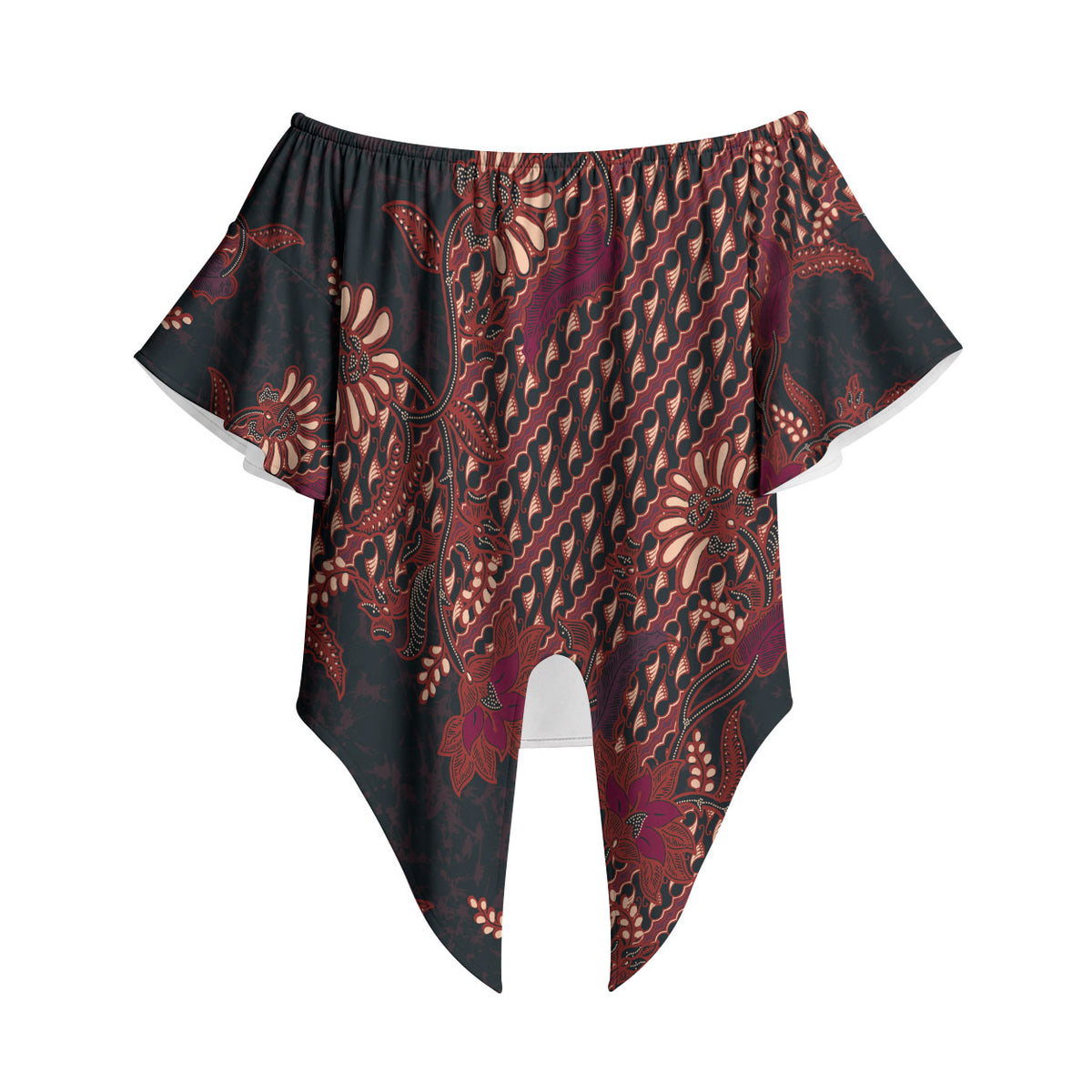 Indonesian Parang Batik Off Shoulder Wrap Waist Top Red Floral Pattern