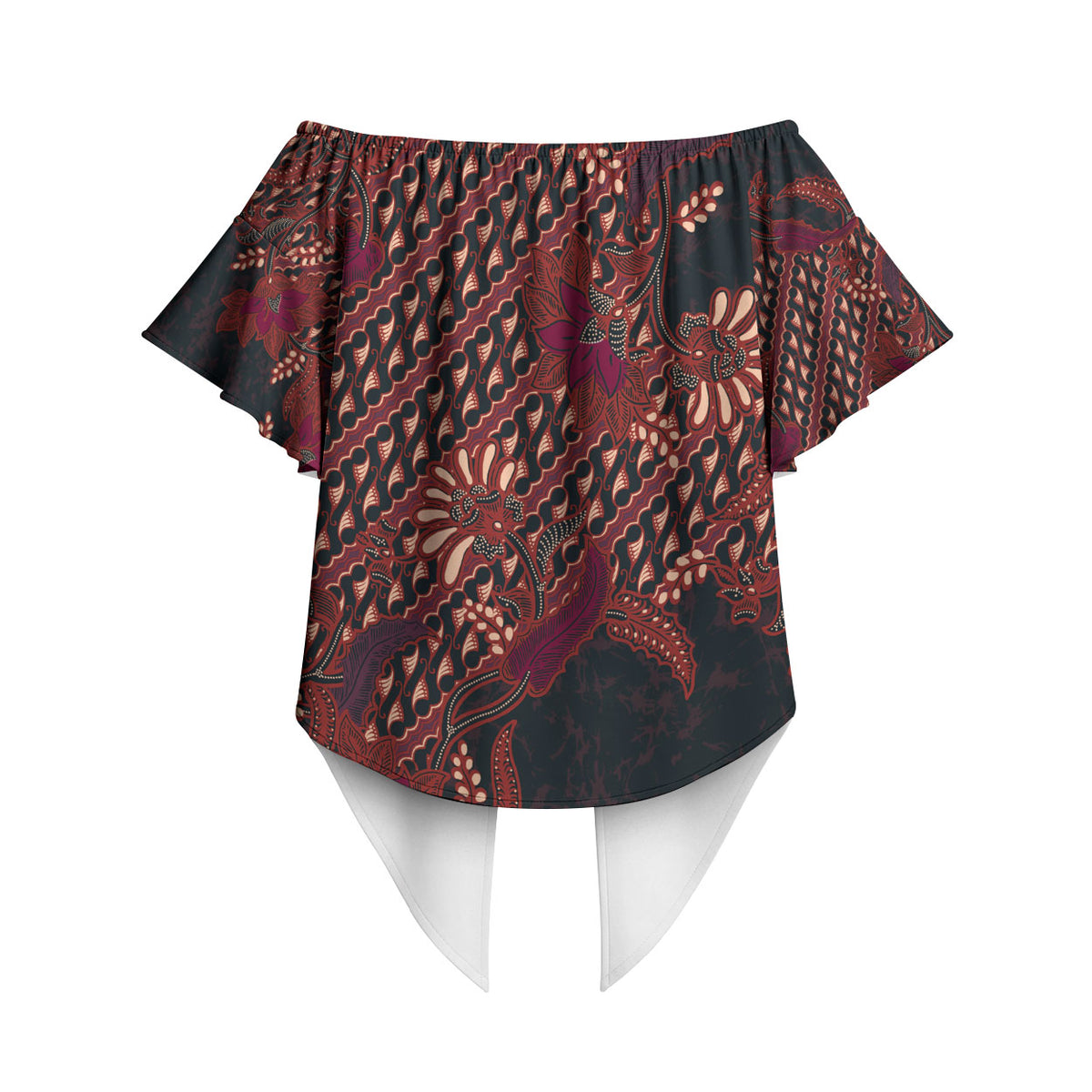 Indonesian Parang Batik Off Shoulder Wrap Waist Top Red Floral Pattern