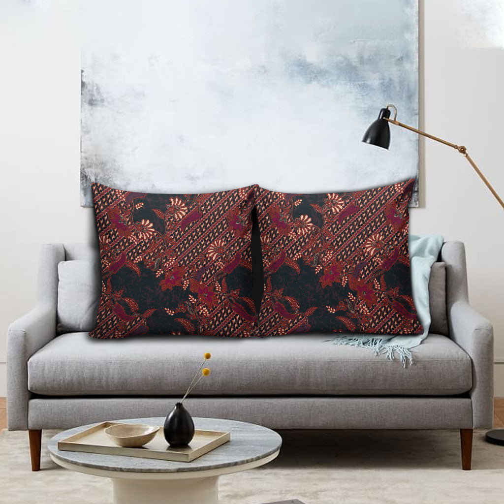 Indonesian Parang Batik Pillow Cover Red Floral Pattern