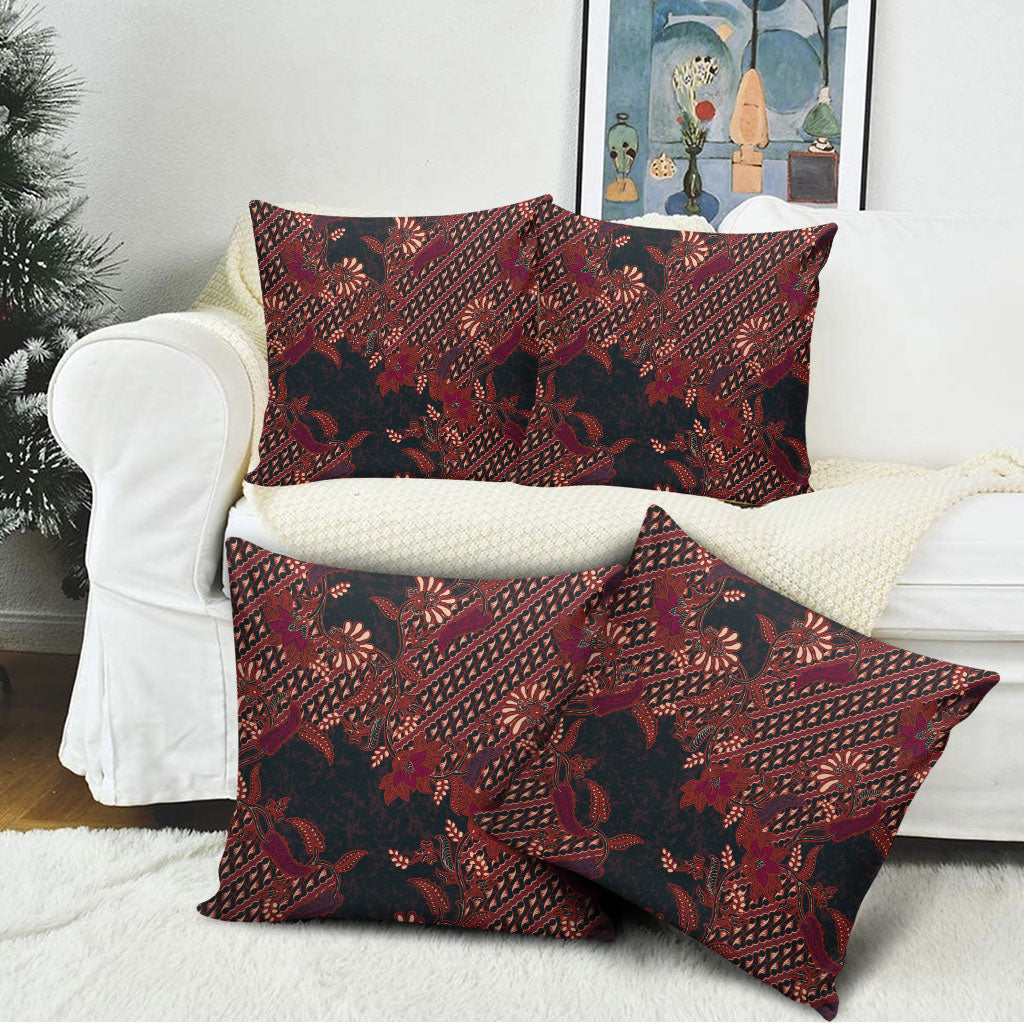 Indonesian Parang Batik Pillow Cover Red Floral Pattern