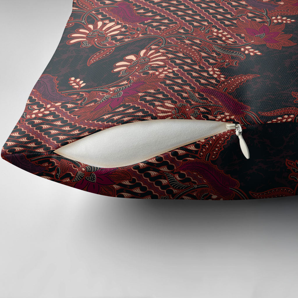 Indonesian Parang Batik Pillow Cover Red Floral Pattern