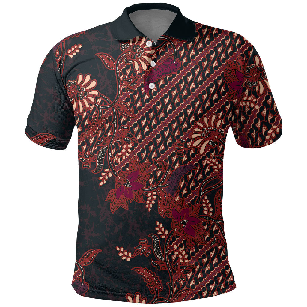 Indonesian Parang Batik Polo Shirt Red Floral Pattern