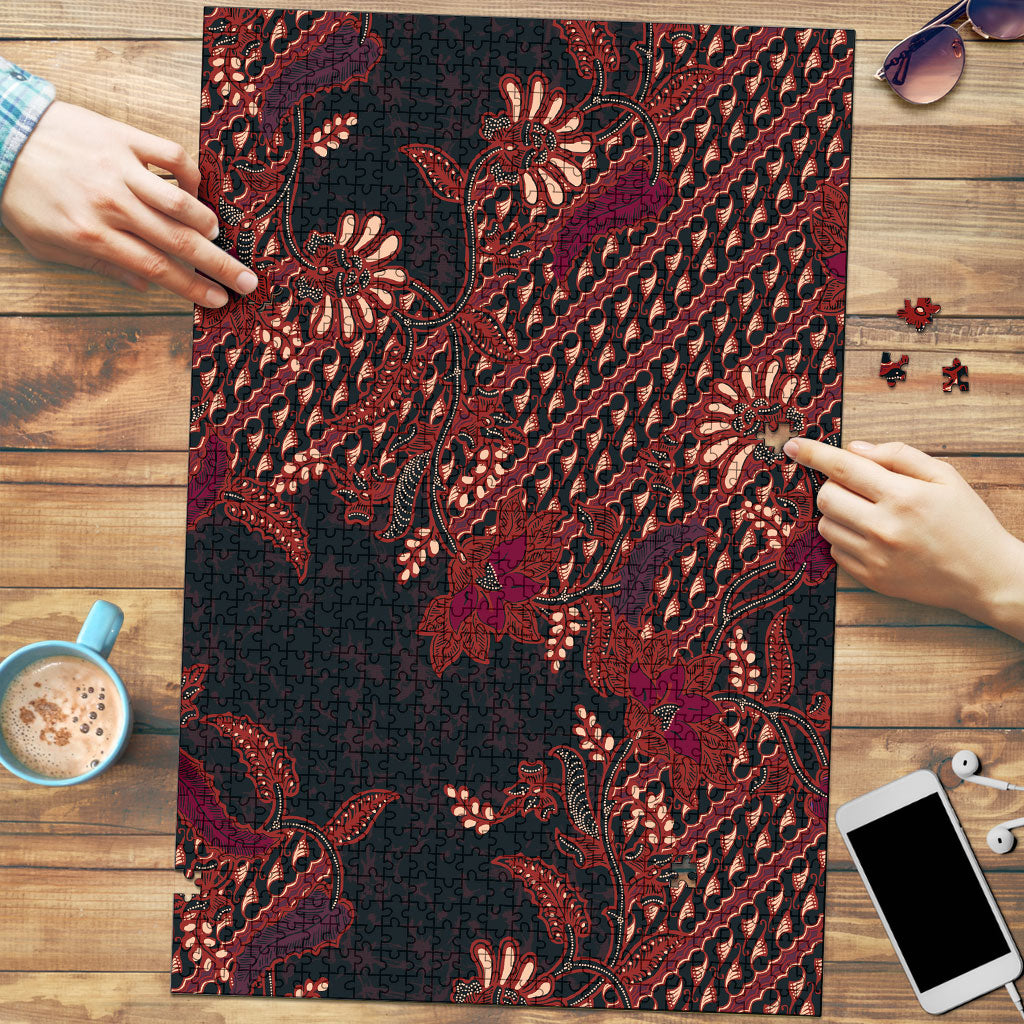 Indonesian Parang Batik Puzzle Red Floral Pattern