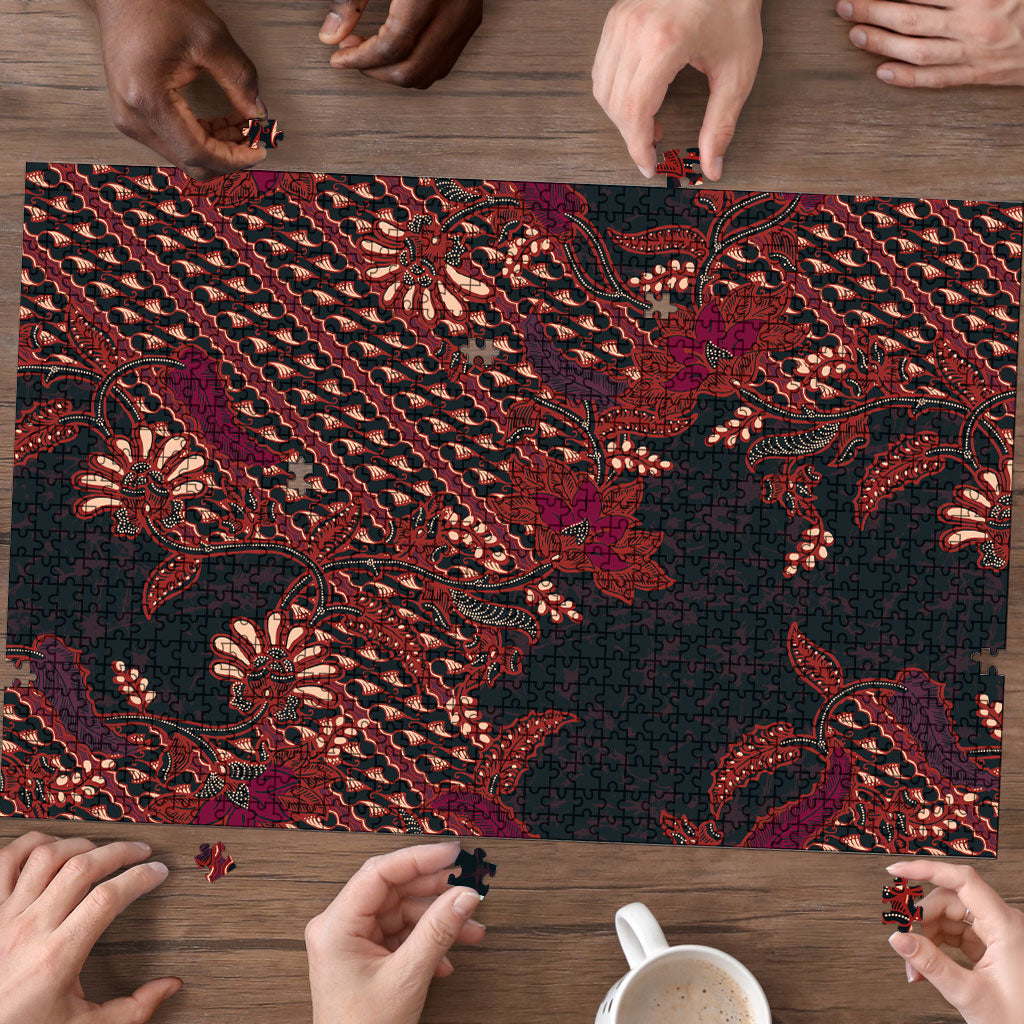 Indonesian Parang Batik Puzzle Red Floral Pattern