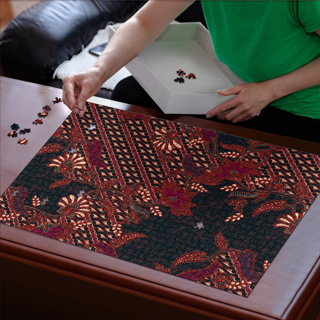 Indonesian Parang Batik Puzzle Red Floral Pattern