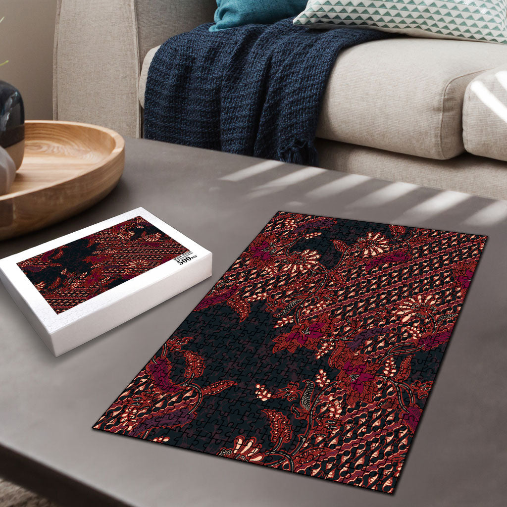Indonesian Parang Batik Puzzle Red Floral Pattern