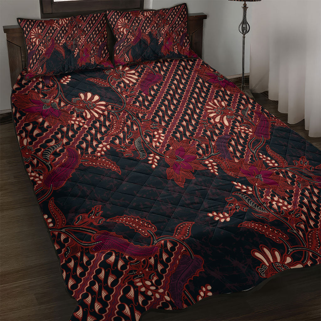 Indonesian Parang Batik Quilt Bed Set Red Floral Pattern