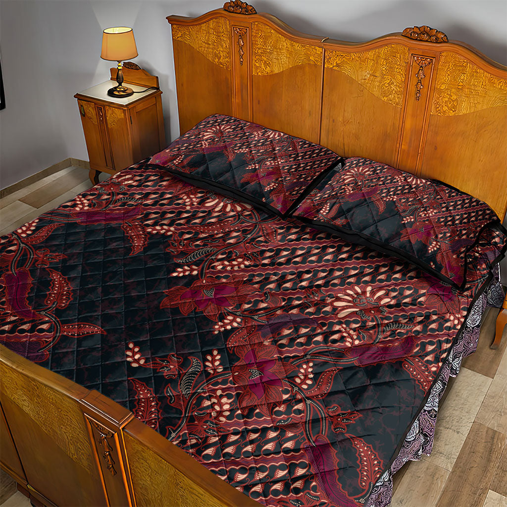 Indonesian Parang Batik Quilt Bed Set Red Floral Pattern