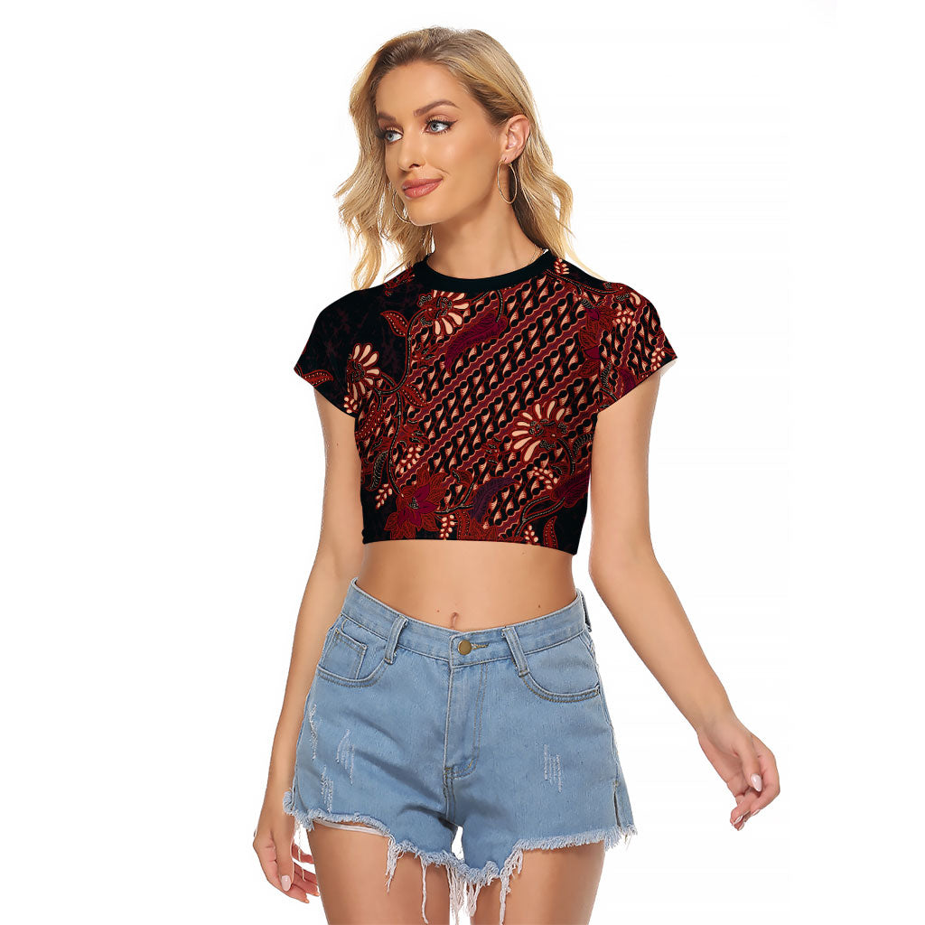 Indonesian Parang Batik Raglan Cropped T Shirt Red Floral Pattern