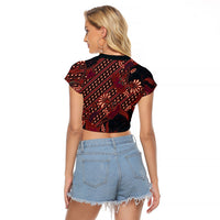 Indonesian Parang Batik Raglan Cropped T Shirt Red Floral Pattern
