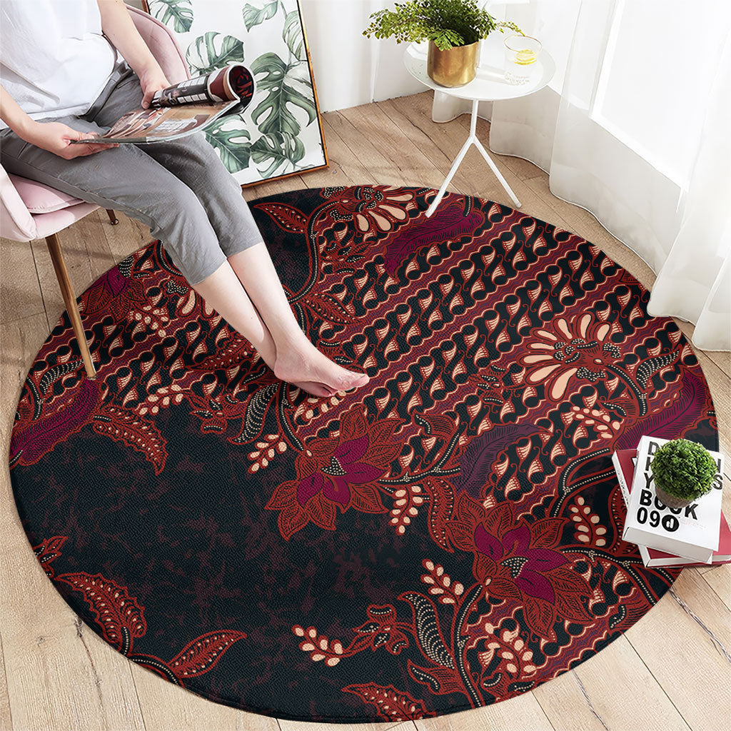 Indonesian Parang Batik Round Carpet Red Floral Pattern