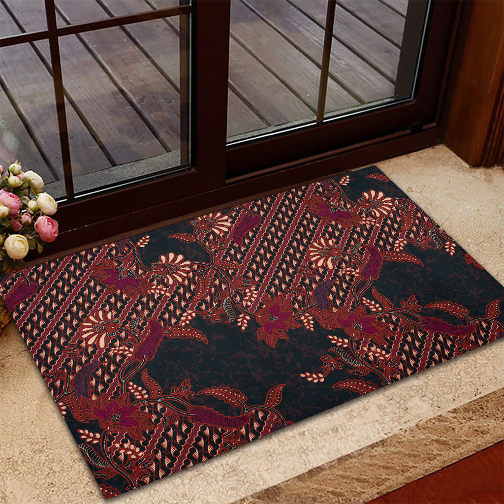 Indonesian Parang Batik Rubber Doormat Red Floral Pattern