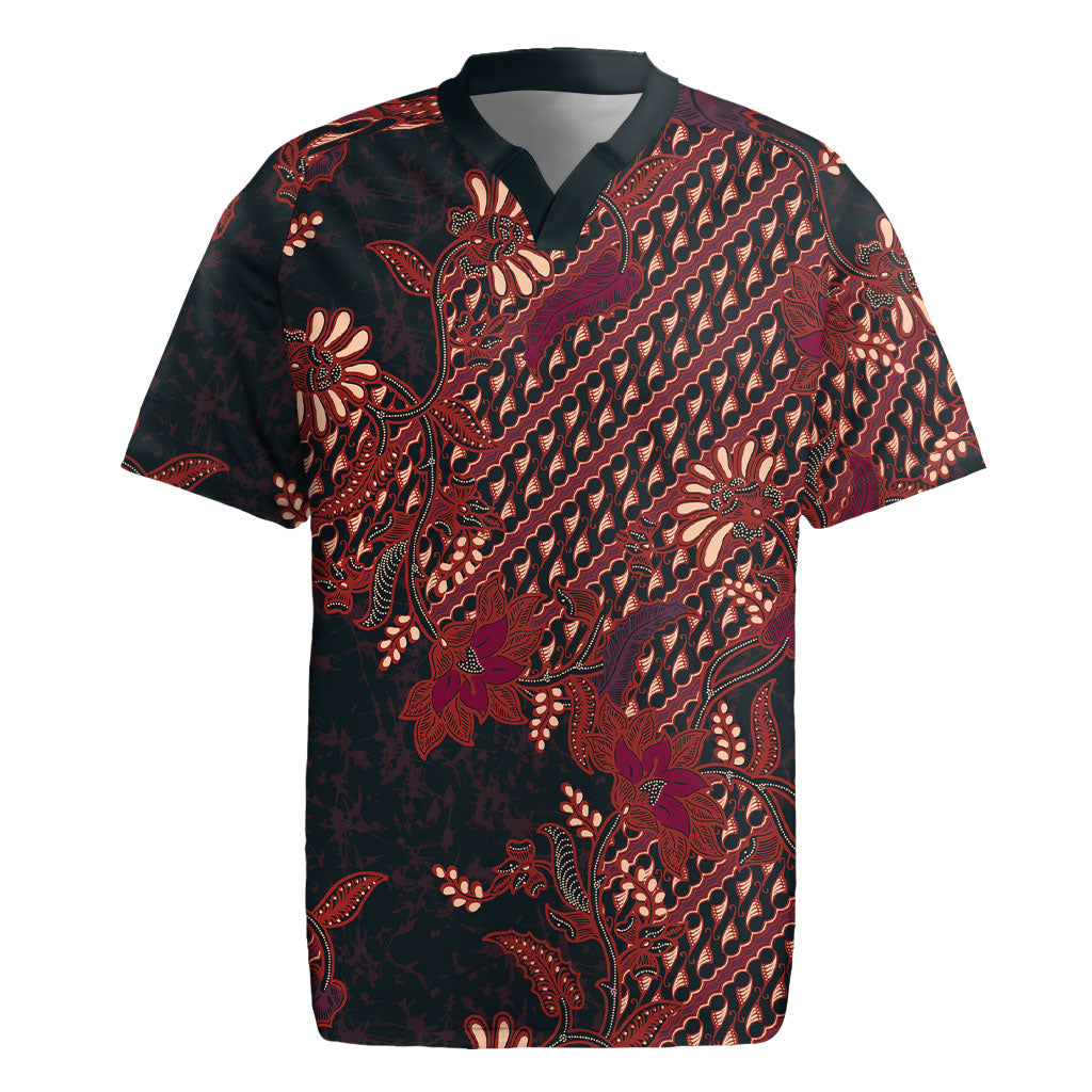 Indonesian Parang Batik Rugby Jersey Red Floral Pattern