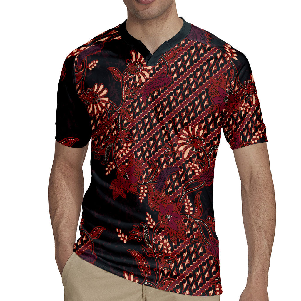 Indonesian Parang Batik Rugby Jersey Red Floral Pattern