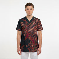 Indonesian Parang Batik Scrub Top Red Floral Pattern