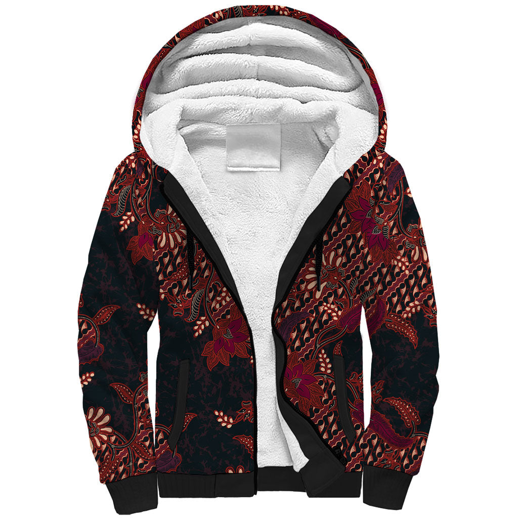 Indonesian Parang Batik Sherpa Hoodie Red Floral Pattern