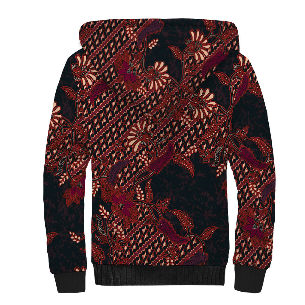 Indonesian Parang Batik Sherpa Hoodie Red Floral Pattern