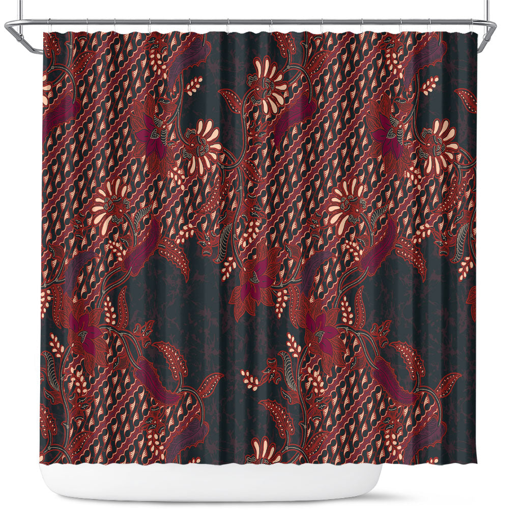 Indonesian Parang Batik Shower Curtain Red Floral Pattern