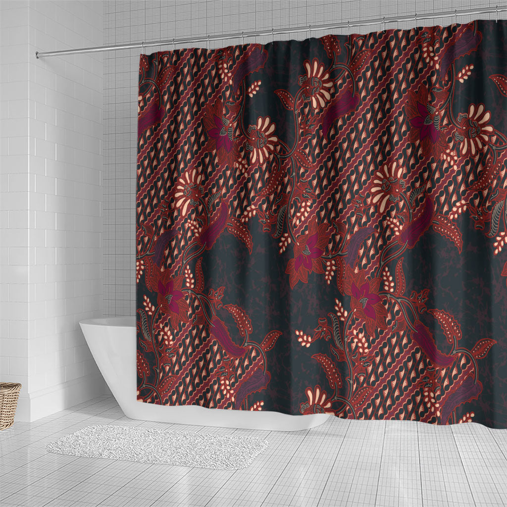 Indonesian Parang Batik Shower Curtain Red Floral Pattern