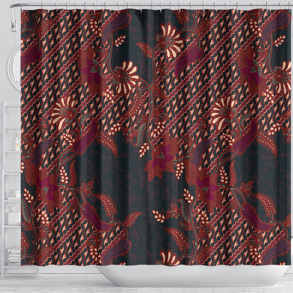 Indonesian Parang Batik Shower Curtain Red Floral Pattern