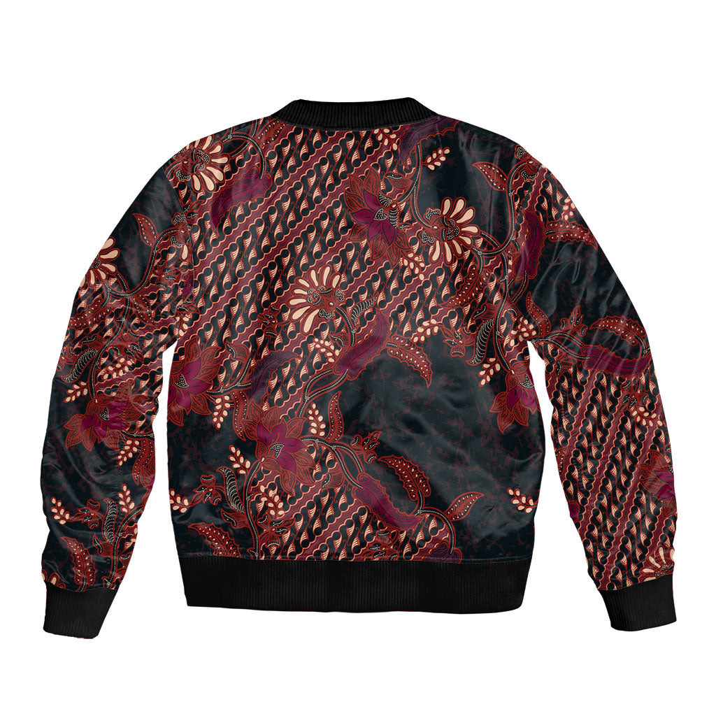 Indonesian Parang Batik Sleeve Zip Bomber Jacket Red Floral Pattern