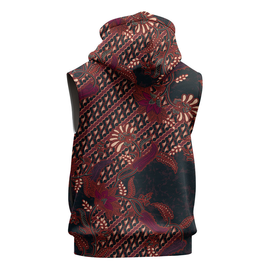 Indonesian Parang Batik Sleeveless Hoodie Red Floral Pattern
