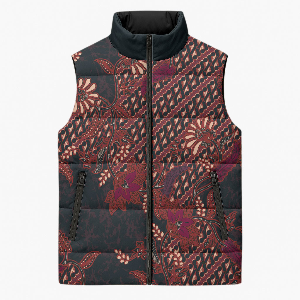 Indonesian Parang Batik Sleeveless Puffer Jacket Red Floral Pattern