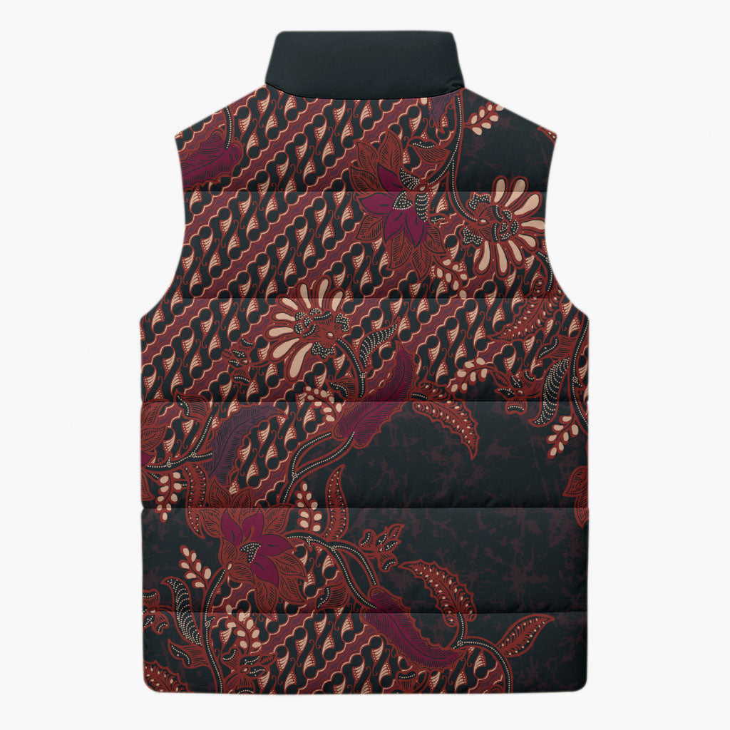 Indonesian Parang Batik Sleeveless Puffer Jacket Red Floral Pattern