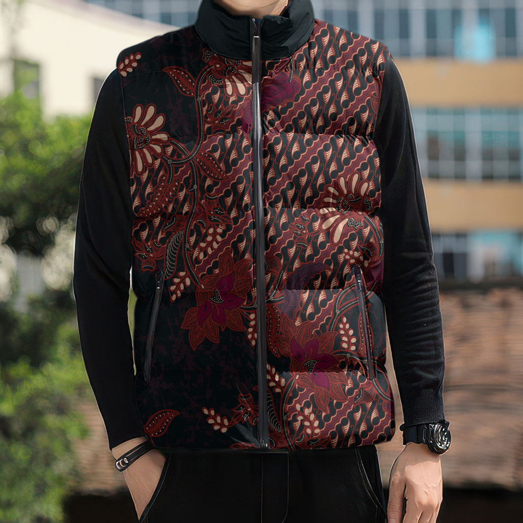 Indonesian Parang Batik Sleeveless Puffer Jacket Red Floral Pattern