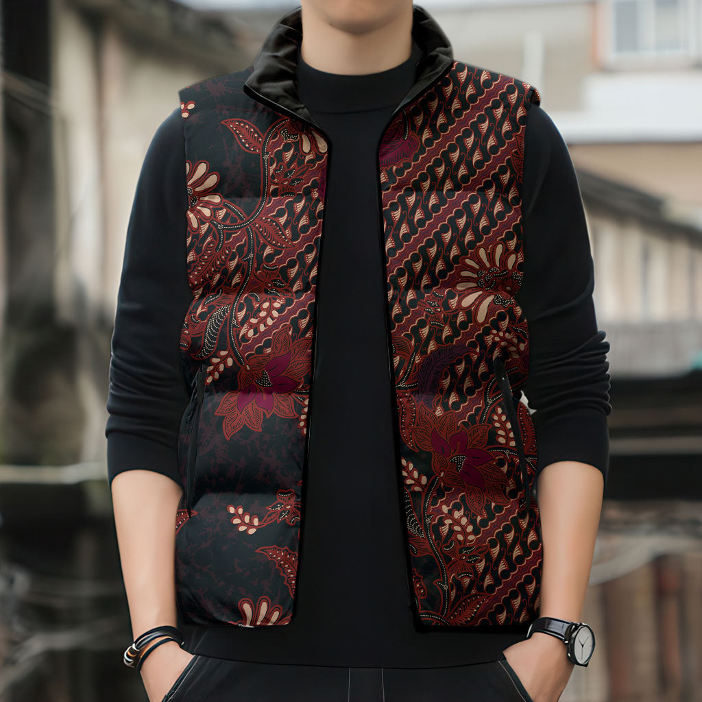 Indonesian Parang Batik Sleeveless Puffer Jacket Red Floral Pattern
