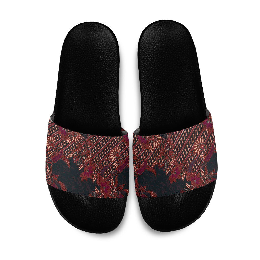 Indonesian Parang Batik Slide Sandals Red Floral Pattern